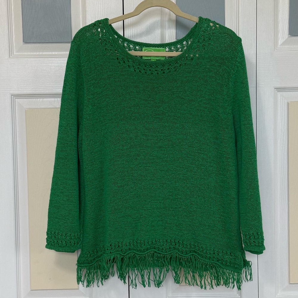 Pappagallo Vintage Green Crewneck Sweater Fringe Hem Sz‎ XL